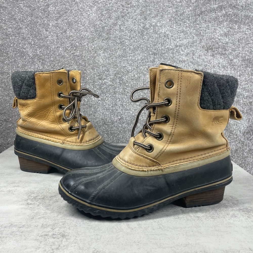 Sorel Slimpack II Lace Boots Womens 10.5 Leather Insulated Waterproof Tan Black